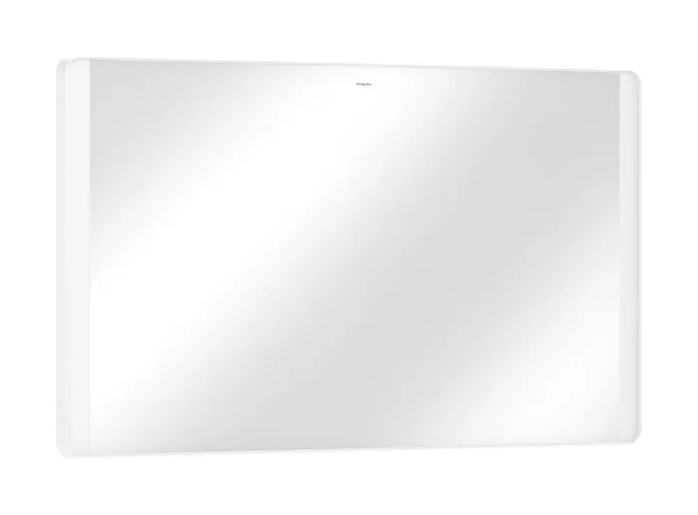 Spiegel mit klarer reflektierender Oberfläche und seitlicher LED-Beleuchtung in einem schlichten Design, empfohlen von Hansgrohe.